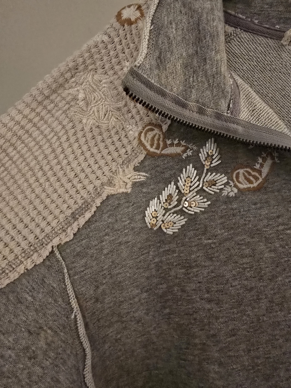 Gimmicks by BKE Gray Sweatshirt with Waffle Sleeves & Beaded Embroidery - Picture 7 of 11